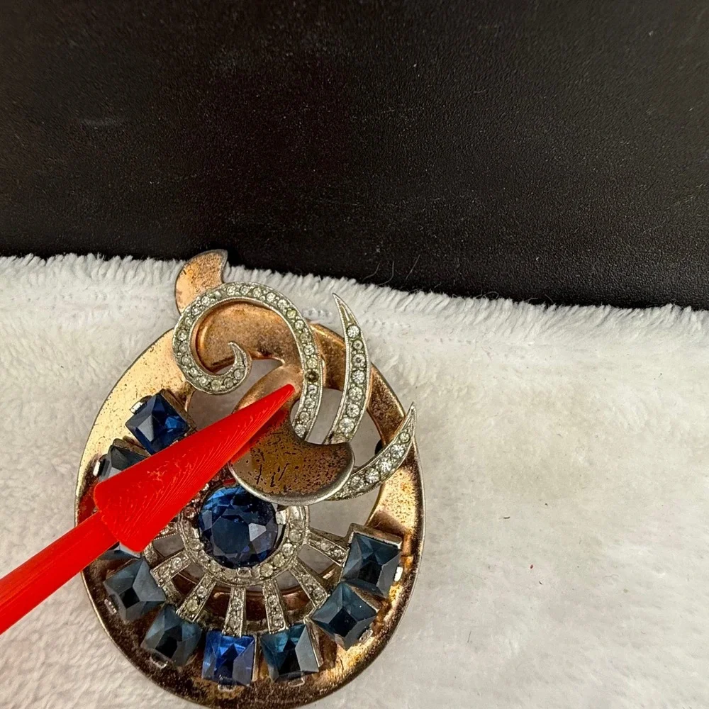Vintage Brooch Blue Rose Gold Tone Rhinestone Sunburst Copper Tone